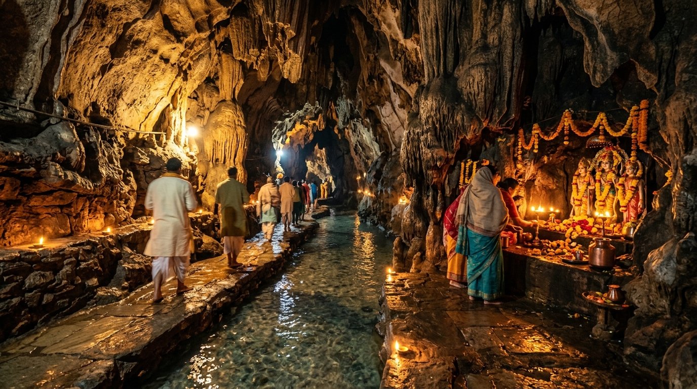 Gupt Godavari natural stream flowing inside ancient rock caves
