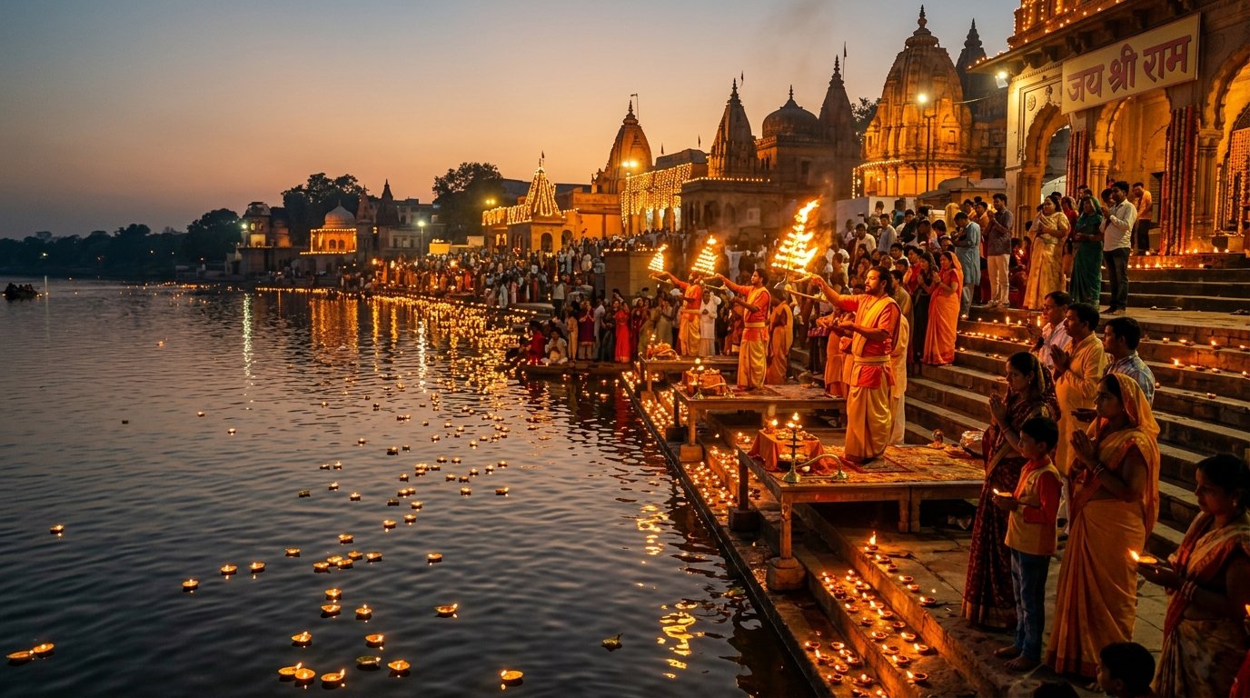 Evening Ganga Mandakini Aarti at Ramghat with floating diyas